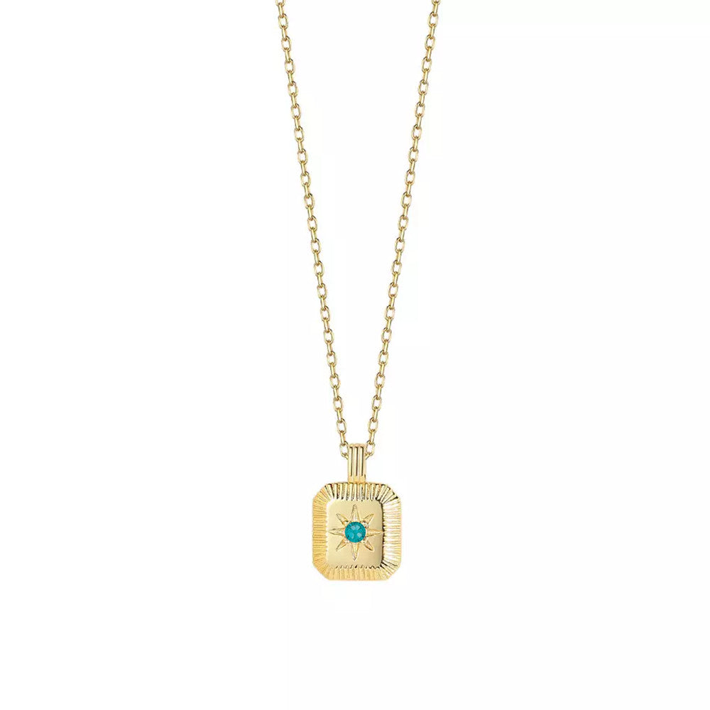 Birthstone Square Pendant 14K Gold Plated Sterling Silver Necklace (Blue Topaz)