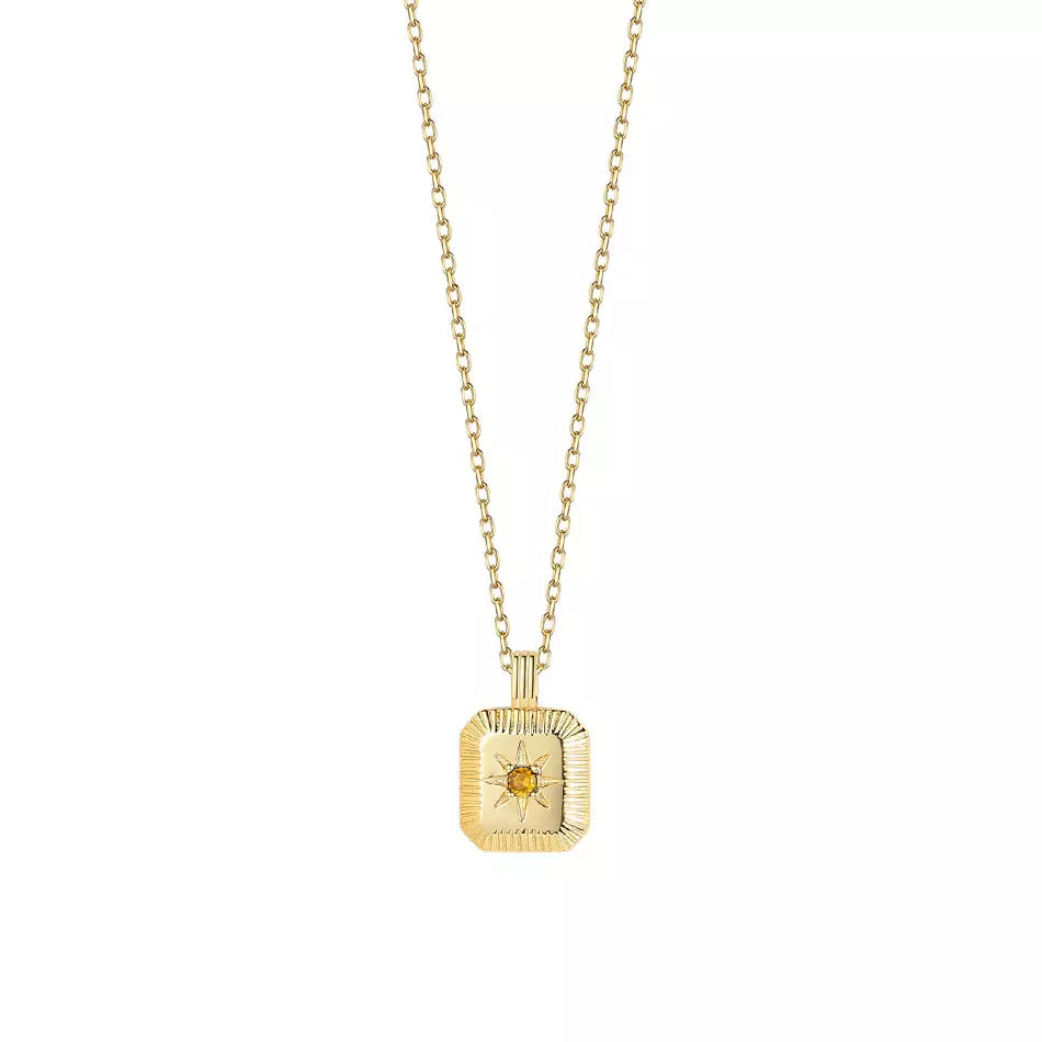Birthstone Square Pendant 14K Gold Plated Sterling Silver Necklace (Lt Amethyst)