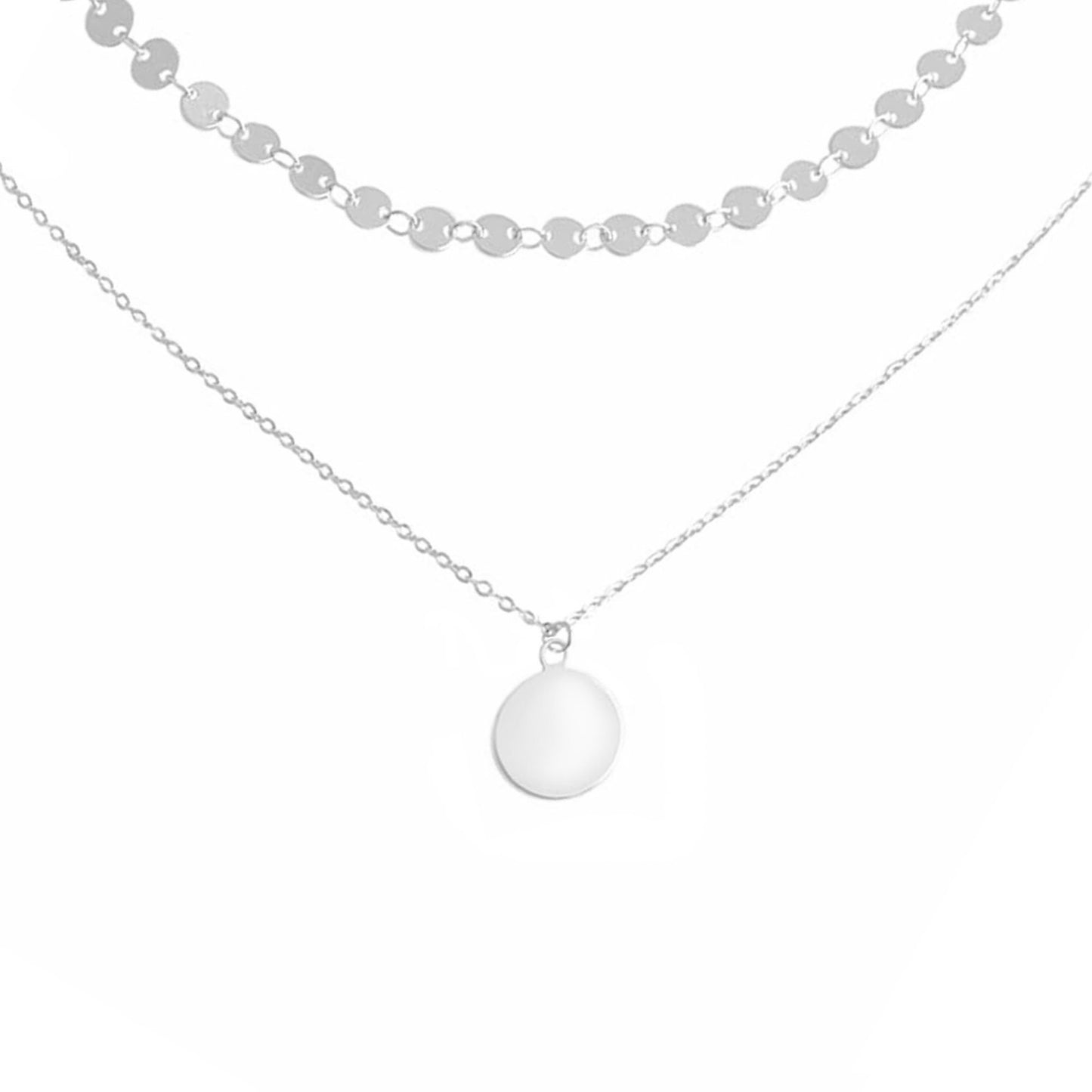 Layered Necklace with Coin Pendant in Silver