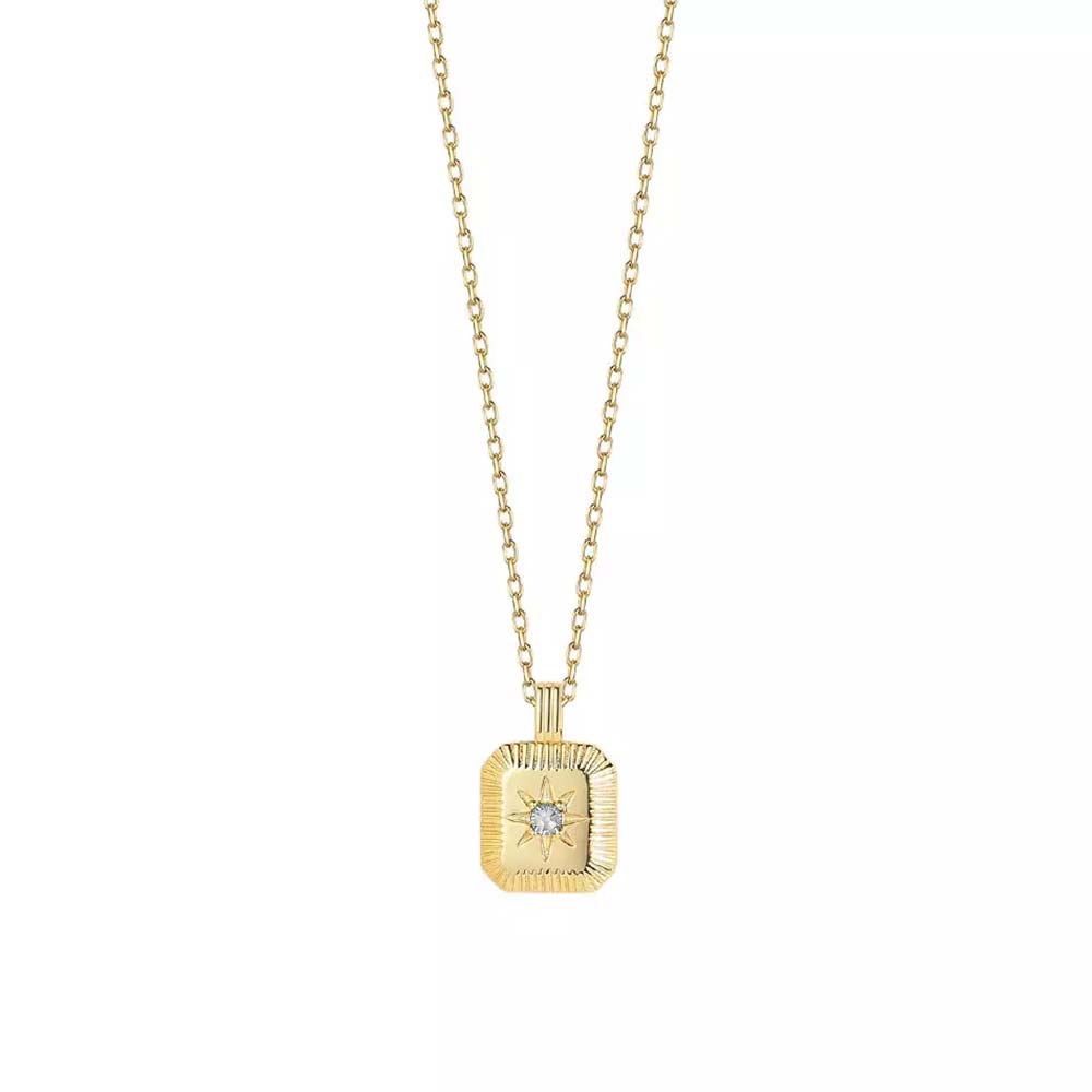 Birthstone Square Pendant 14K Gold Plated Sterling Silver Necklace (Crystal)