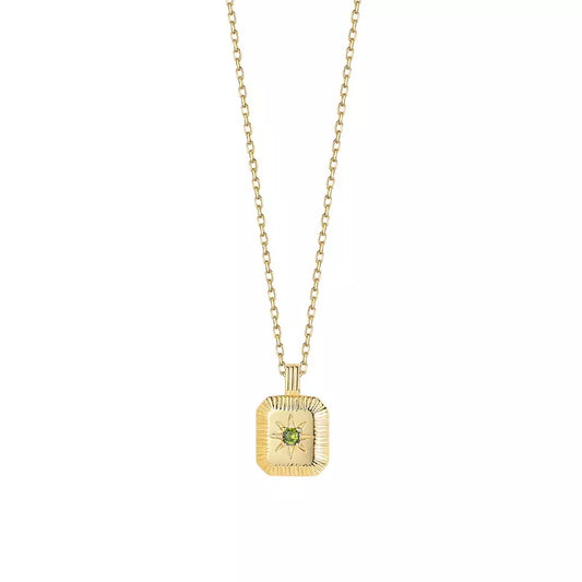Birthstone Square Pendant 14K Gold Plated Sterling Silver Necklace (Peridot)