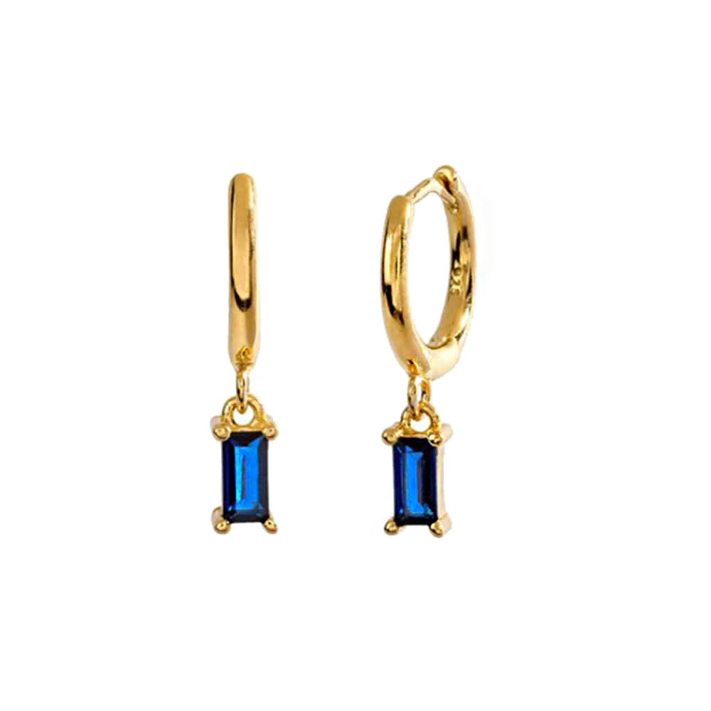 Blue Gemstone Dangling Baguette Earrings in Gold