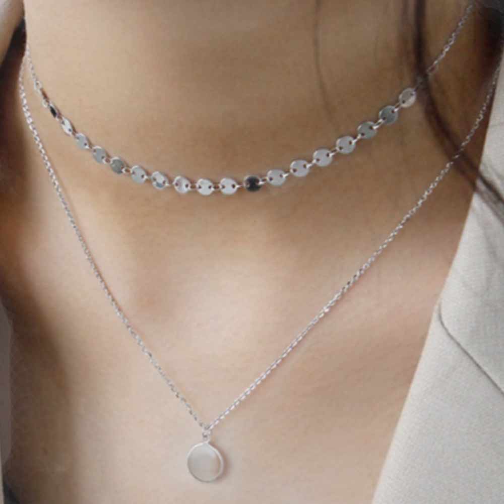 Layered Necklace with Coin Pendant in Silver