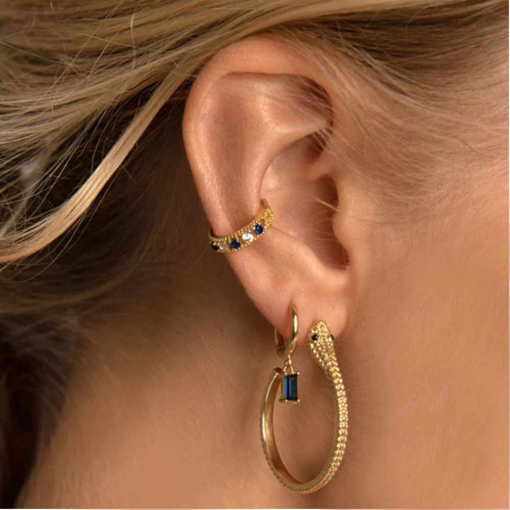 Blue Gemstone Dangling Baguette Earrings in Gold