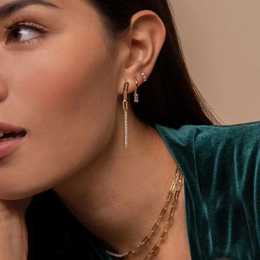 Blue Gemstone Dangling Baguette Earrings in Gold