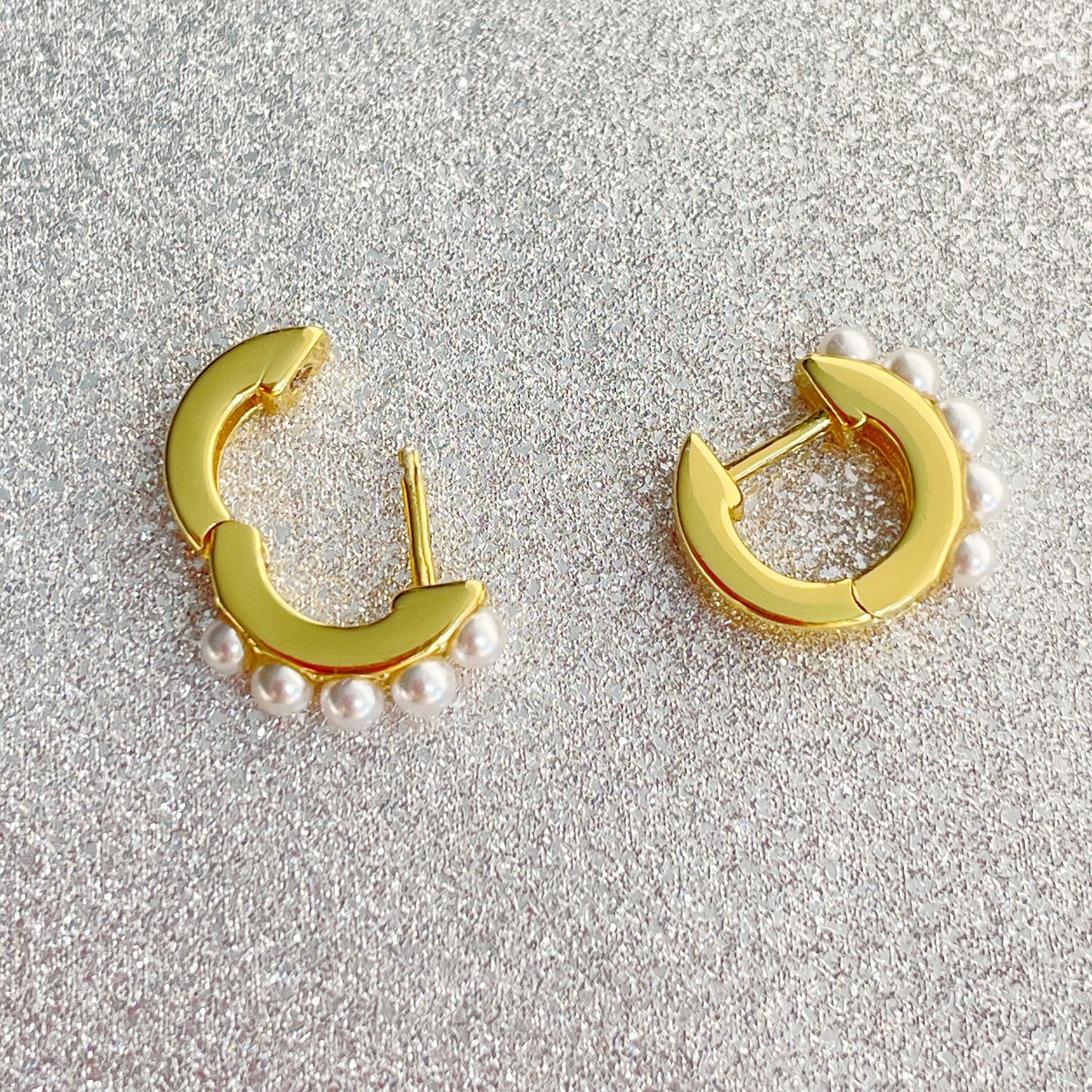 Mini Hoop Pearl Earrings in Gold