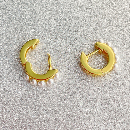 Mini Hoop Pearl Earrings in Gold