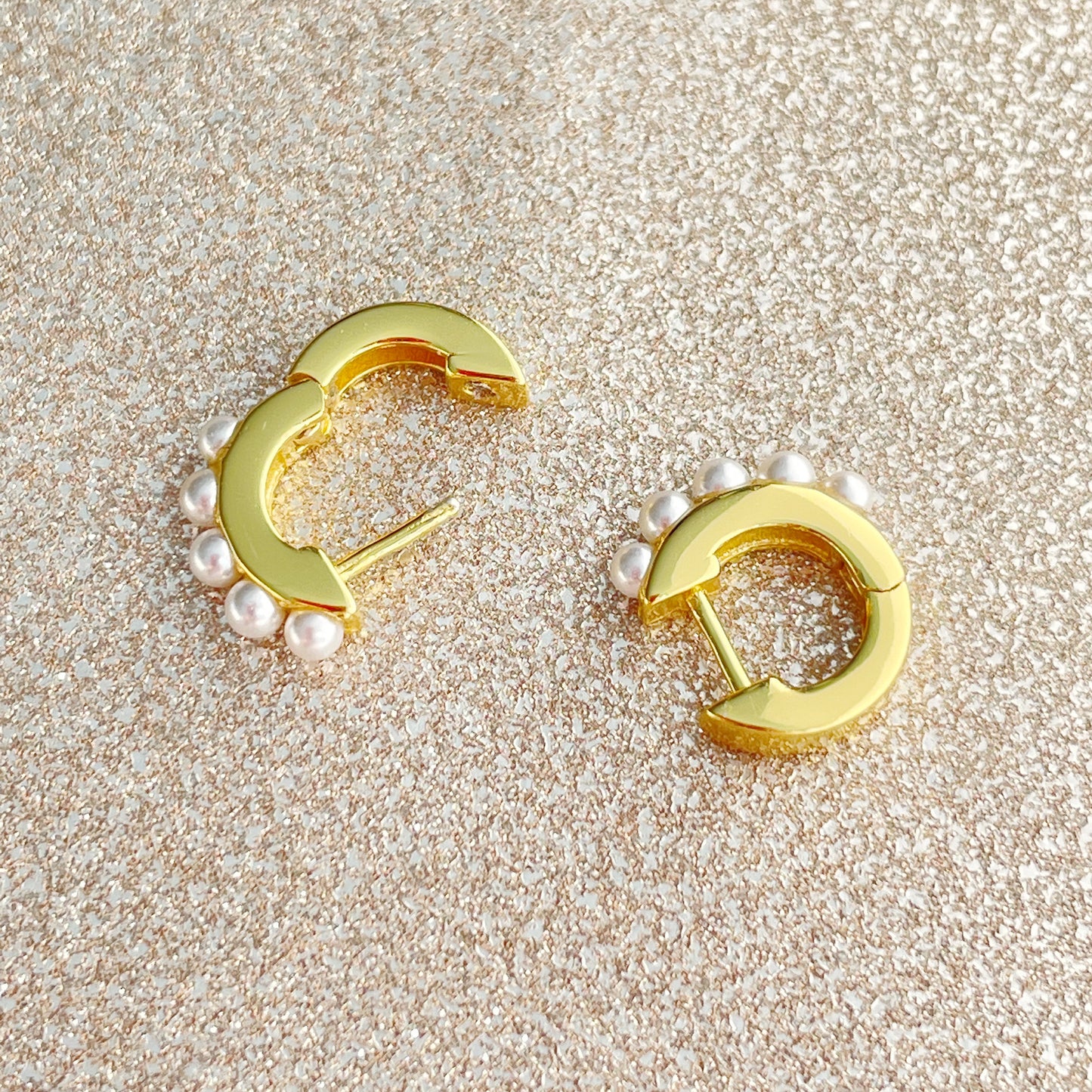 Mini Hoop Pearl Earrings in Gold
