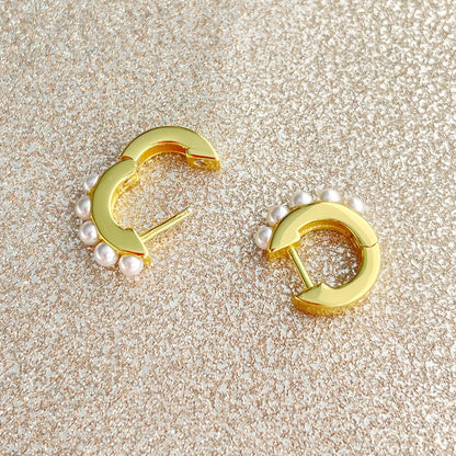 Mini Hoop Pearl Earrings in Gold