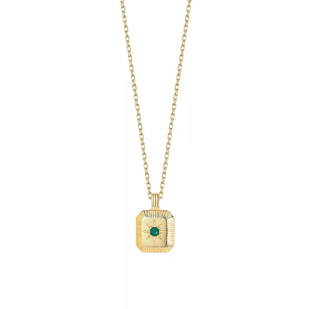 Birthstone Square Pendant 14K Gold Plated Sterling Silver Necklace (Emerald)